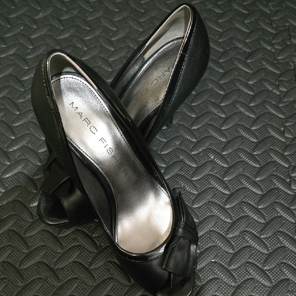 Marc Fisher Black Satin Peep Toe Heels